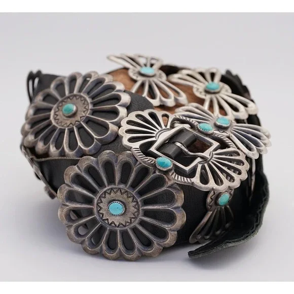 Vintage Louise Morgan Navajo Sterling Silver Sand Cast Turquoise Concho Belt - Picture 3 of 9